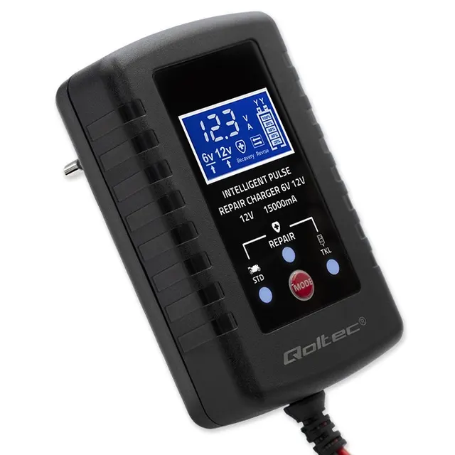 Ładowarka do akumulatora Qoltec AGM GEL STD 6V/12V, 2A, Prostownik z funkcją naprawy i wyświetlaczem LED