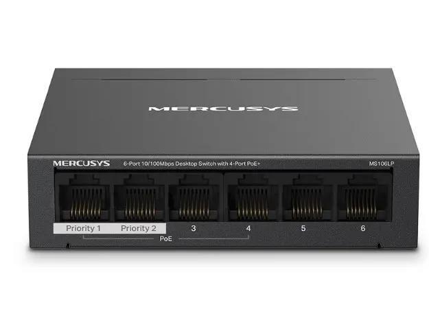 Przełącznik Mercusys 6-Port 10/100 Mbps Desktop Switch with 4-Port PoE+ PORT: 4× 10/100 Mbps PoE+ Ports, 2× 10/100 Mbps Non-PoE Ports MS106LP