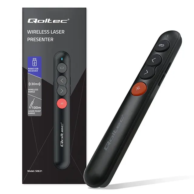 Wskaźnik Qoltec laserowy, Prezenter 4w1, USB 3.0, 2.4GHz, 100m