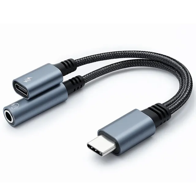 Kabel adapter Qoltec 2w1 USB-C - USB-C + Jack 3.5mm, PD 15W, 0,1m