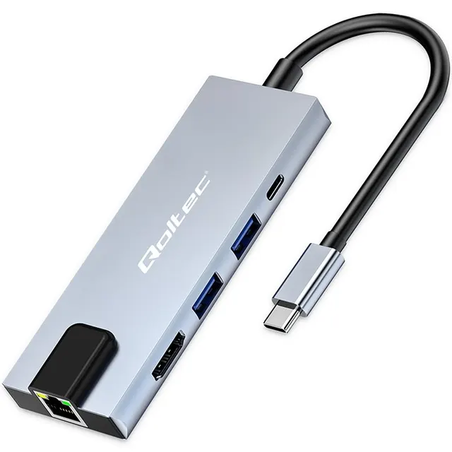 Adapter USB Qoltec USB-C 5w1, USB-C PD 100W, 2xUSB, HDMI 4K, RJ45