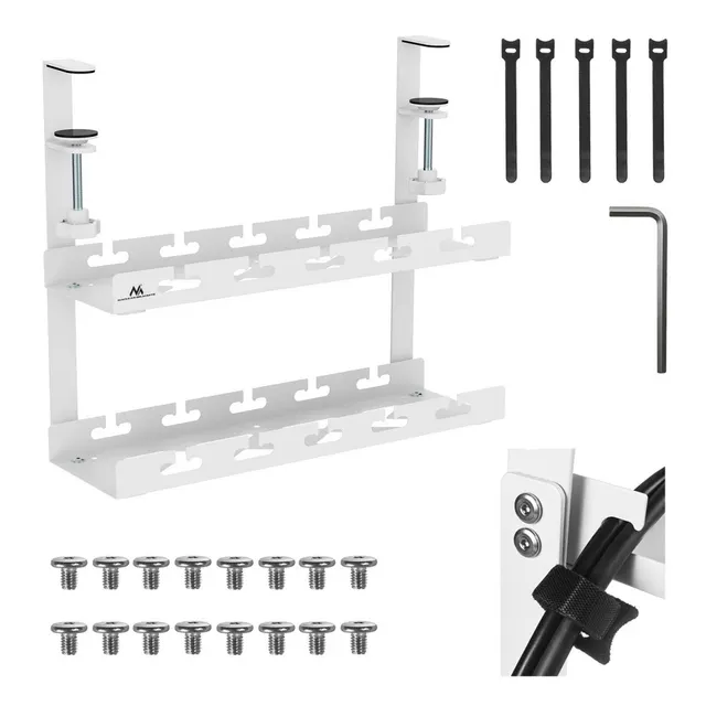 Organizer podbiurkowy na kable Maclean MC-104 W, max. obciążenie 5kg, 2 poziomy, biały