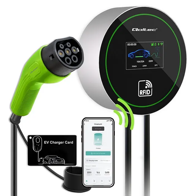 Stacja ładowania Qoltec EV 2w1 Typ2, 22kW, Wi-Fi, LCD, 3 fazy, Wallbox, Smart life app, RFID, 5m