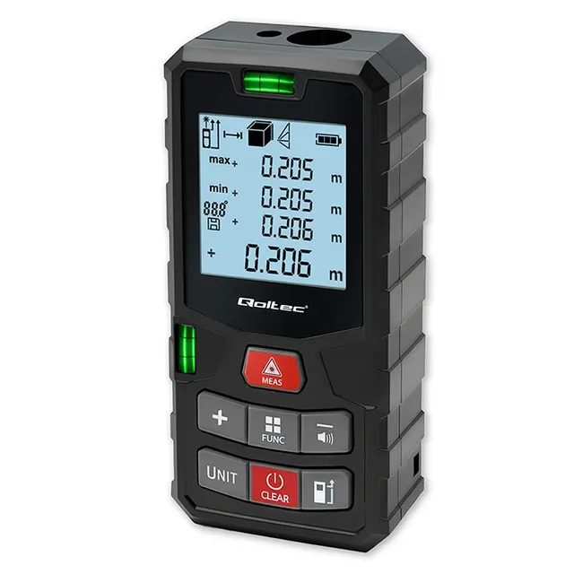 Dalmierz Qoltec laserowy z poziomicą, podświetlany LCD, 50m