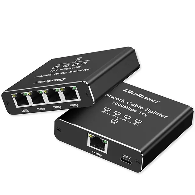 Switch niezarządzalny Qoltec mini rozdzielacz splitter 1x4 port RJ45, 1000Mb/s, USB-C, Aluminium