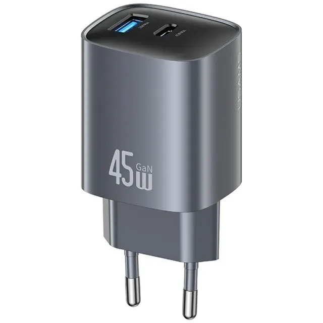 Ładowarka sieciowa T66 45W CC290 GaN Fast charge 1xUSB-A 1xUSB-C srebrny
