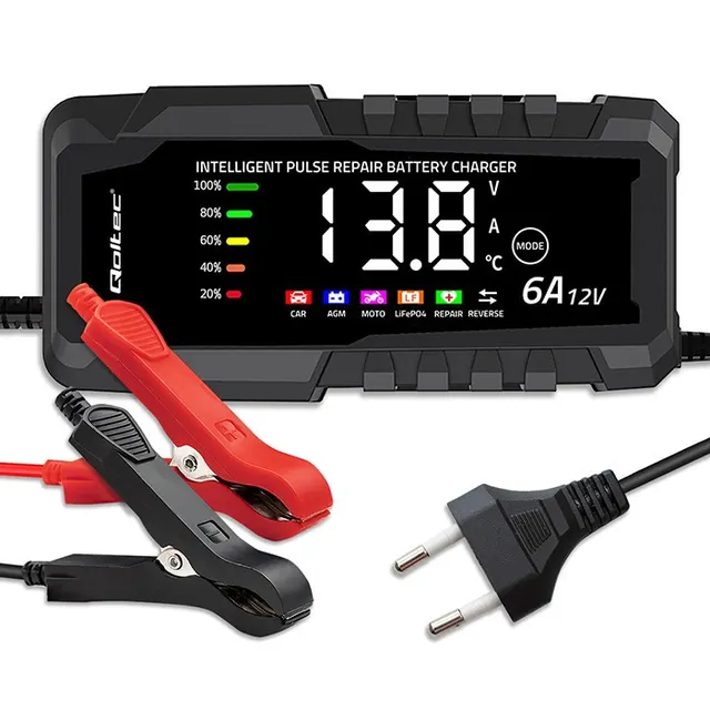 Ładowarka inteligentna Qoltec mikroprocesorowa 12V 6A, Prostownik z funkcją naprawy do akumulatora AGM GEL LiFePO4, LCD