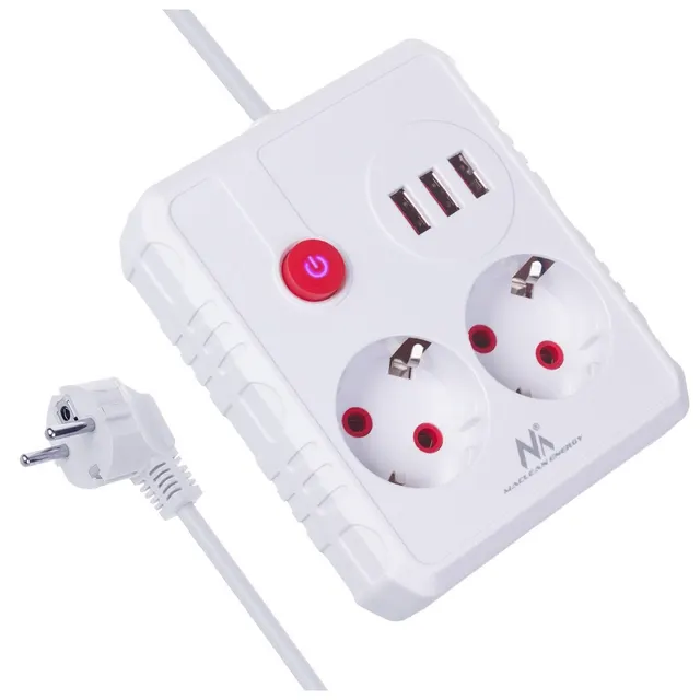 Listwa zasilająca Maclean MCE388 W, przedłużacz 2 gniazda + 3xUSB, 110-240V AC 50/60Hz, 2.1A max 2500W, 3 m, biała