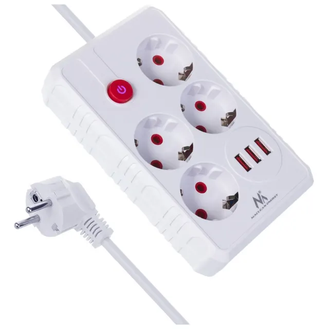 Listwa zasilająca Maclean MCE392 W, przedłużacz 4 gniazda + 3xUSB, 110-240V AC 50/60Hz, 2.1A max 2500W, 1,5m, biała