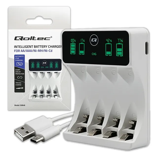 Ładowarka Qoltec do akumulatorków Ni-MH typu R03 AAA R6 AA, LCD, Kabel USB-C, Biała