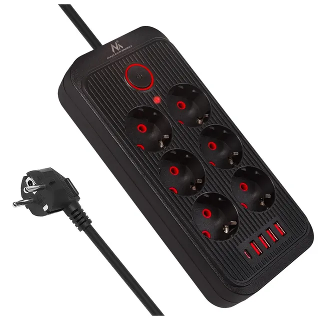 Listwa zasilająca Maclean MCE391 B, przedłużacz 6 gniazd + 4xUSB + USB-C, 110-240V AC 50/60Hz, 2.1A max 2500W, 3m, czarna