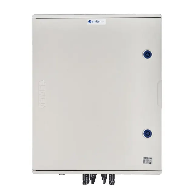 Rozdzielnica przył. DCAC hermetyczna IP66 EMITER z ogranicznikiem przepięć DC Dehn 1000V typu 1+2 4 x łańcuch PV 4 x MPPT // ogr. AC Dehn typ 1+2 100A 3-F FR 100A syg. faz + gniazdko