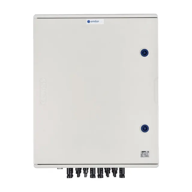 Rozdzielnica przył. DCAC hermetyczna IP66 EMITER z ogranicznikiem przepięć DC Dehn 1000V typu 1+2 6 x łańcuch PV 6 x MPPT // ogr. AC Dehn typ 1+2 100A 3-F FR 100A syg. faz + gniazdko