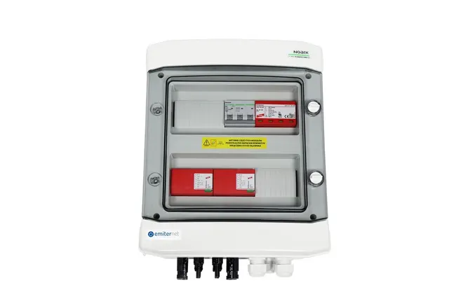 Rozdzielnica przył. DCAC hermetyczna IP65 EMITER z ogranicznikiem przepięć DC Dehn 1000V typu 1+2 2 x łańcuch PV 2 x MPPT // ogr. AC Dehn typ 1+2 20A 3-F