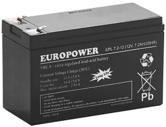 Akumulator AGM EUROPOWER serii EPL 12V 7 2Ah T1