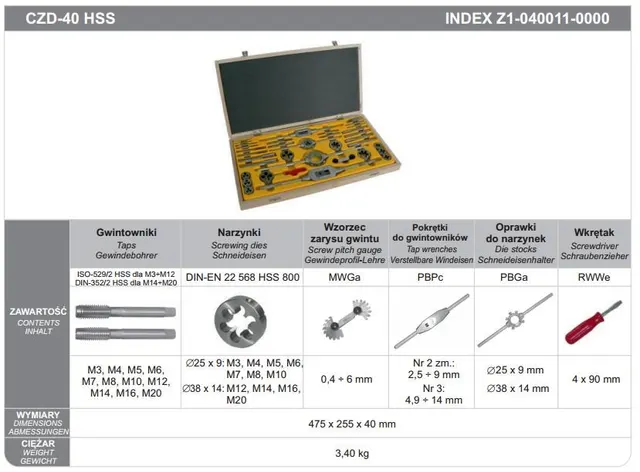 Zestaw narzędzi do gwintowania ręcznego FANAR M3-M20 HSS CZD-40 (Z1-040011-0000)