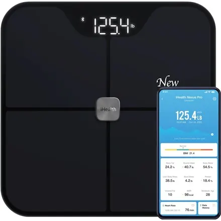Służba zdrowia, Bezprzewodowa waga do pomiaru składu ciała, Nexus Pro, Maksymalna masa (udźwig) 181 kg, Pomiar wskaźnika masy ciała (BMI), Czarny