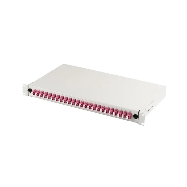Panel krosowy FO z wyposażeniem 19'' 1U 24x LC dx OM4 adaptery wysuwany szary