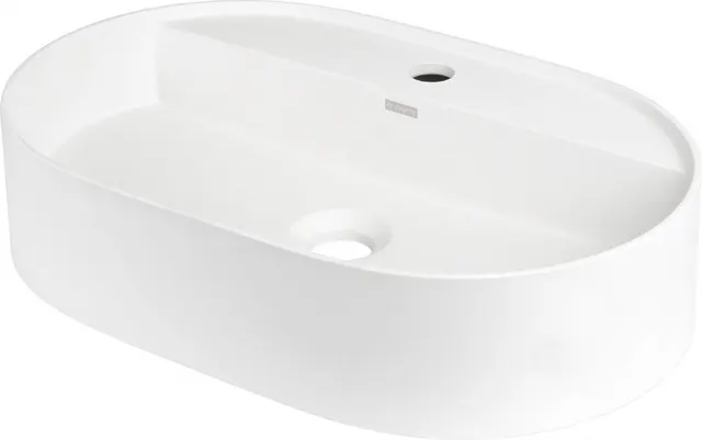 Umywalka granitowa nablatowa z wyspą na baterię - owalna, alabaster, 60 cm