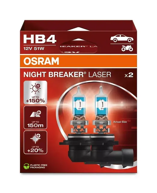 Żarówka (Zestaw 2szt.) HB4 12V 51W P22D Night Breaker Laser do 150 m długości wiązki 150% większa jasność 20% bielsze światło biała