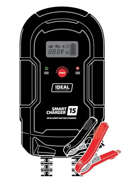 Prostownik SMART CHARGE 15 LCD napięcie ładowania: 12/24 V IDEAL prąd ładowania: 8/15A napięcie zasilania: 230V rodzaj akumulatora: AGM/GEL/MF/WEL