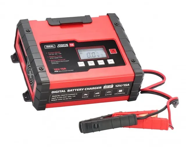 Prostownik PRAKTIK CHARGER 15 LCD napięcie ładowania: 12 V IDEAL prąd ładowania: 2/8/15A napięcie zasilania: 230V rodzaj akumulatora: AGM/EFB/GEL/MF/WET