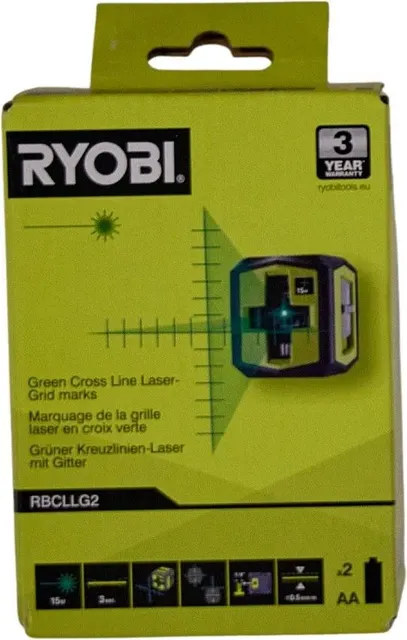 Laser krzyżowy RYOBI z zieloną wiązką. Zakres roboczy 15 m. Czas pracy 6 godz. Laser klasy II. Długość fali: 520nm ± 10nm