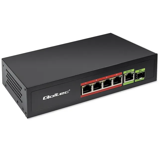 Qoltec Przełącznik sieciowy SWITCH FAST Ethernet PoE 4x RJ45 PoE 1x RJ45 Uplink 1x SFP, 65W, 1000 Mb