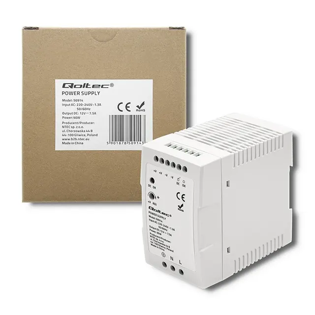 Qoltec Zasilacz na szynę DIN, 90W, 12V, 7.5A, Biały, Slim