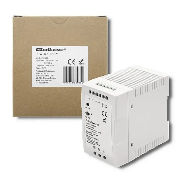 QOLTEC ZASILACZ NA SZYNĘ DIN 96W, 24V, 4A, BIAŁY, SLIM