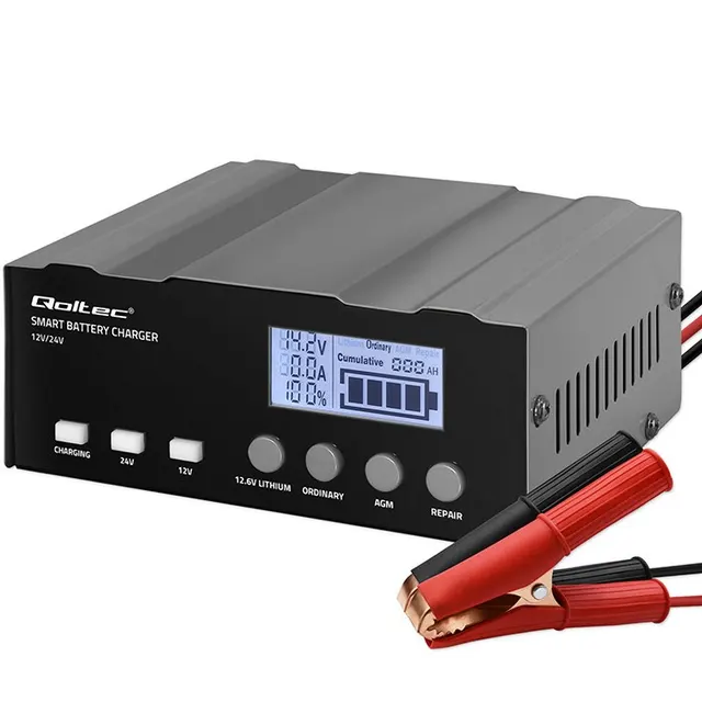Qoltec Inteligentna mikroprocesorowa ładowarka 12V, 12.6V, 24V, Prostownik z funkcją naprawy do AGM GEL, LCD