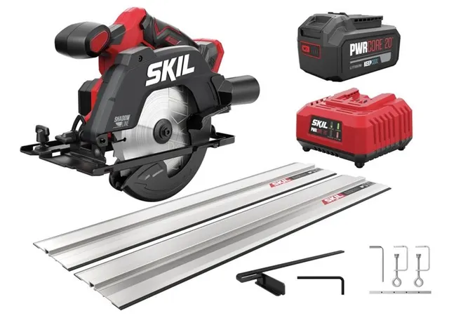 Akumulatorowa pilarka tarczowa Brushless SKIL 3551 AB (akumulator 4 0Ah „KEEPCOOL™” ładowarka prowadnica aluminiowa (2x70cm) z zaciskami tarcza z nakładkami z węglików spiekanych (18 zębów) i prowadnica równoległa)