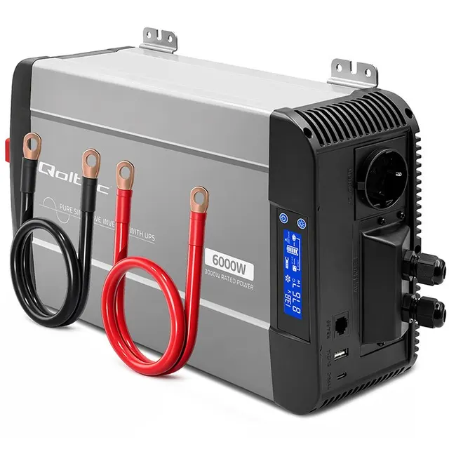 Qoltec Przetwornica napięcia Pure Sine Wave, 12V na 230V, 3000/6000W, UPS BYPASS, LCD, USB, USB-C, Kompatybilna z LiFePO4 GEL AGM