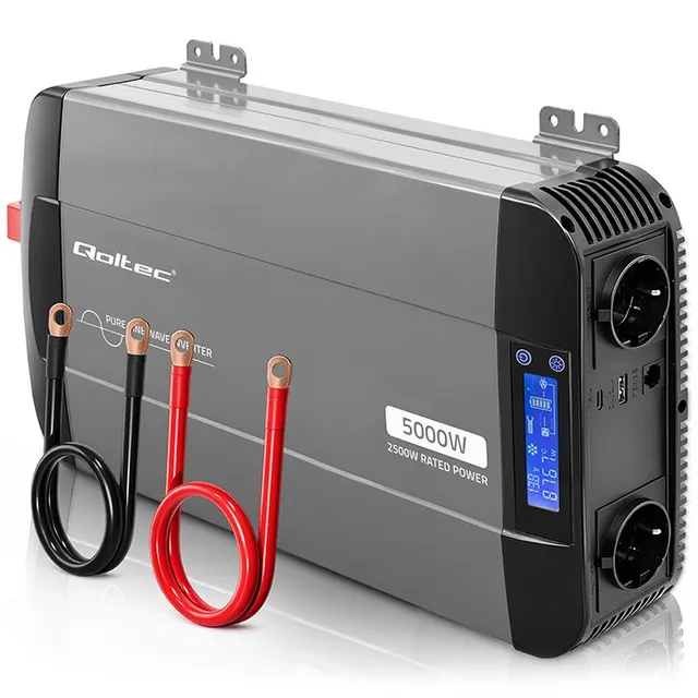 Qoltec Przetwornica napięcia Pure Sine Wave, 12V na 230V, 2500/5000W, LCD, USB, USB-C, Kompatybilna z LiFePO4 GEL AGM
