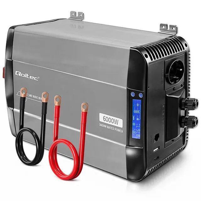 Qoltec Przetwornica napięcia Pure Sine Wave, 12V na 230V, 3000/6000W, LCD, USB, USB-C, Kompatybilna z LiFePO4 GEL AGM
