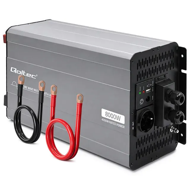 Qoltec Przetwornica napięcia Pure Sine Wave, 12V na 230V, 4000/8000W, UPS BYPASS, USB, Kompatybilna z LiFePO4 GEL AGM