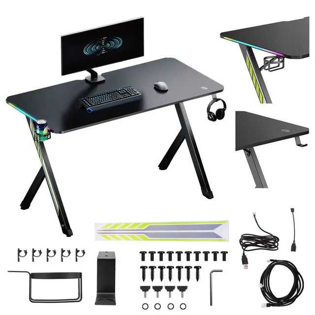 Biurko gamingowe NanoRS RS102 91081 czarne (z uchwytem na słuchawki i kubek podświetlenie RGB max. 75kg 1200x600x750mm)
