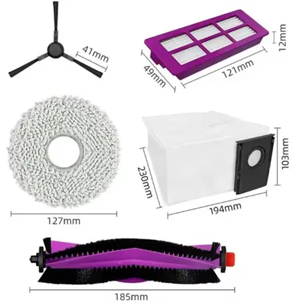 Midea V15 Spare Parts kit: 1x Side Brush 2x Mop Pad 1x Roller Brush 1x Filter 1x Dust Bag
