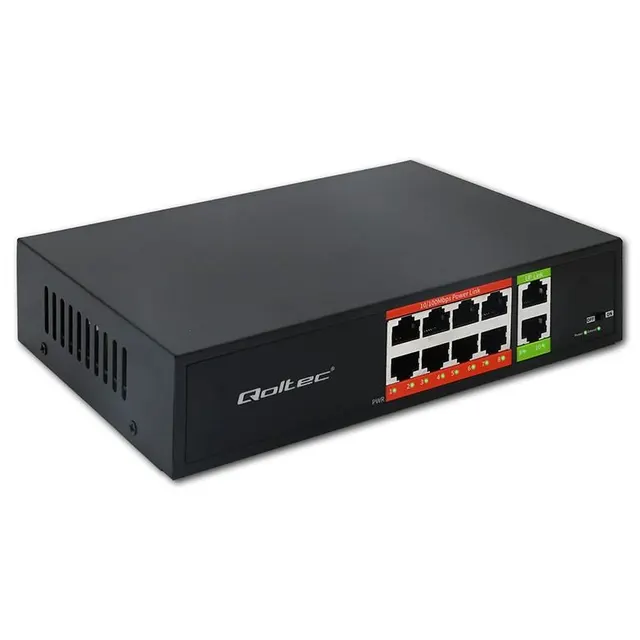 Qoltec Przełącznik sieciowy SWITCH Fast Ethernet PoE, 8x RJ45, 2x RJ45 Uplink, 120W, 10/100 Mb/s