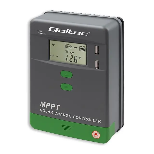 Qoltec Solarny regulator ładowania MPPT z czujnikiem temperatury 10A, 12V / 24V, LCD, 2 x USB, GEL, LiFePO4