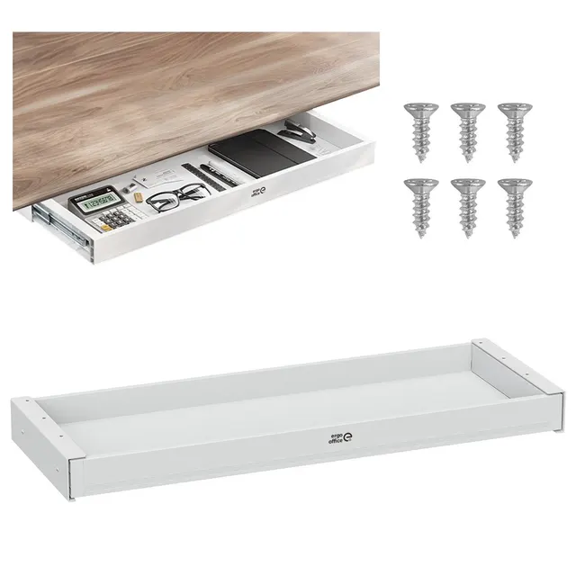Płaska szuflada podbiurkowa Ergo Office szer. 758mm max. obciążenie 10kg biała ER-302 W
