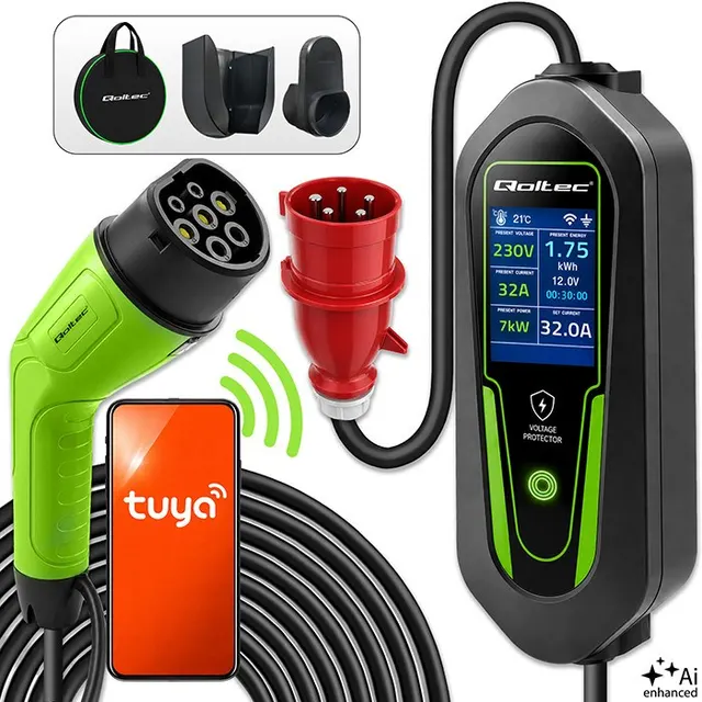 Qoltec Ładowarka do samochodu elektrycznego EV i hybryd z regulacją 2w1 Typ2, 7kW, 230V, CEE 32A, Wi-Fi, Tuya, Smart life, LCD, Certyfikat TÜV, 5m