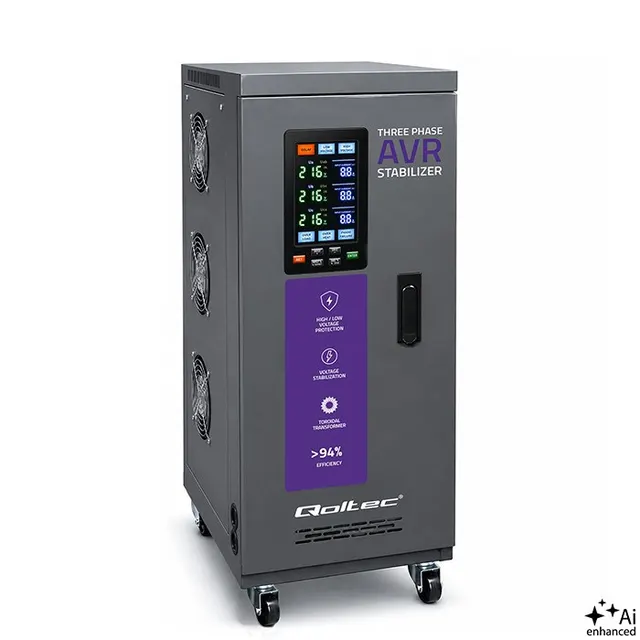 Qoltec Trójfazowy stabilizator napięcia AVR MULTIPROTECTION, 10kVA, Dokładność ± 3%, Serwomotor 3F, LCD, Expert Line