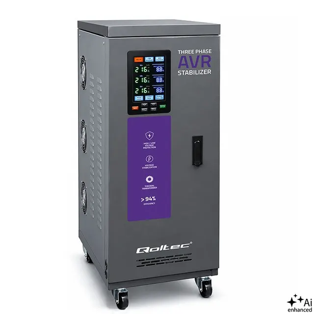 Qoltec Trójfazowy stabilizator napięcia AVR MULTIPROTECTION, 30kVA, Dokładność ± 3%, Serwomotor 3F, LCD, Expert Line