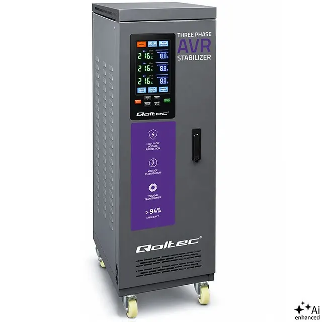 Qoltec Trójfazowy stabilizator napięcia AVR MULTIPROTECTION, 40kVA, Dokładność ± 3%, Serwomotor 3F, LCD, Expert Line
