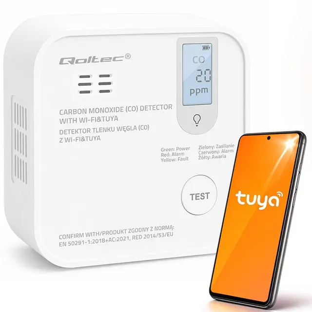 Qoltec Certyfikowany bezprzewodowy Czujnik tlenku węgla (czadu) z baterią, detektor CO, TUYA, Wi-fi, żywotność sensora 10 lat, alarm 85dB, LED