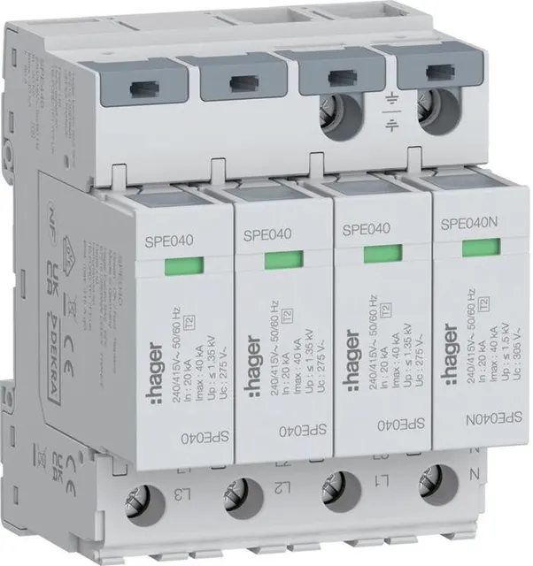SPD Ogranicznik przepięć T2 4P 3+1 sieć TN-S/TT In=20kA Up?1 35kV SPE440 Hager