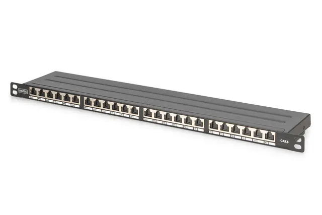 Panel krosowy high density 19'' 24x RJ45 LSA poziom kat.6 ekranowany 0.5U czarny prowadnica kabli