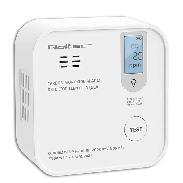 QOLTEC CZUJNIK TLENKU WĘGLA (CZADU) Z BATERIĄ, DETEKTOR CO, ALARM 85DB, LED