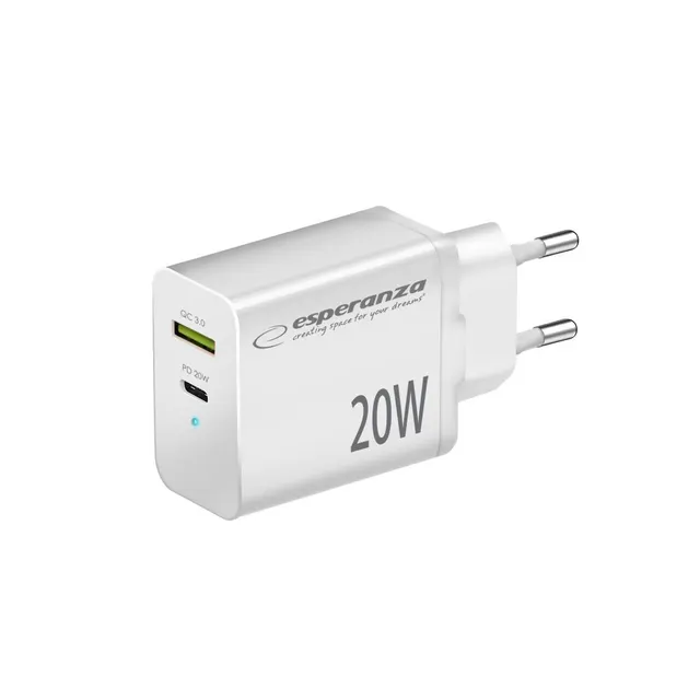 ESPERANZA ŁADOWARKA SIECIOWA 20W USB-C PD 20W / USB-A QC 3.0 18W BIAŁA EZC105W